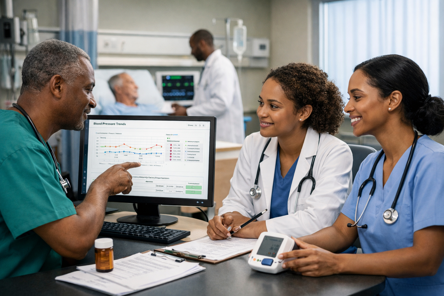Hospital team reviewing blood pressure follow-up workflow